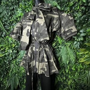 VIOLA Tops Women Small Camouflage Green Jacket Blouse Balloon Sleeve 0685‎